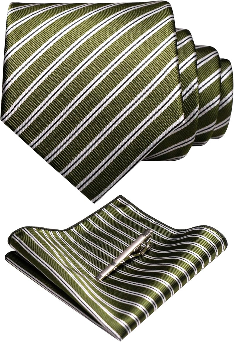 RBOCOTT Silk Stripe Plaid Tie and Pocket Square with Tie Clip Sets for Men - Image 1